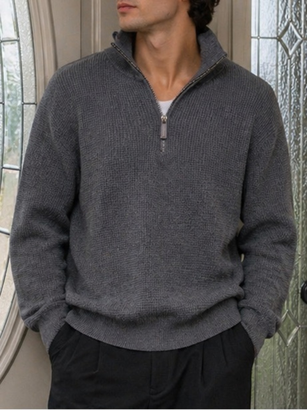 Daniel Bishop Quarter Zip Sweater Gray Textured Pullover XL